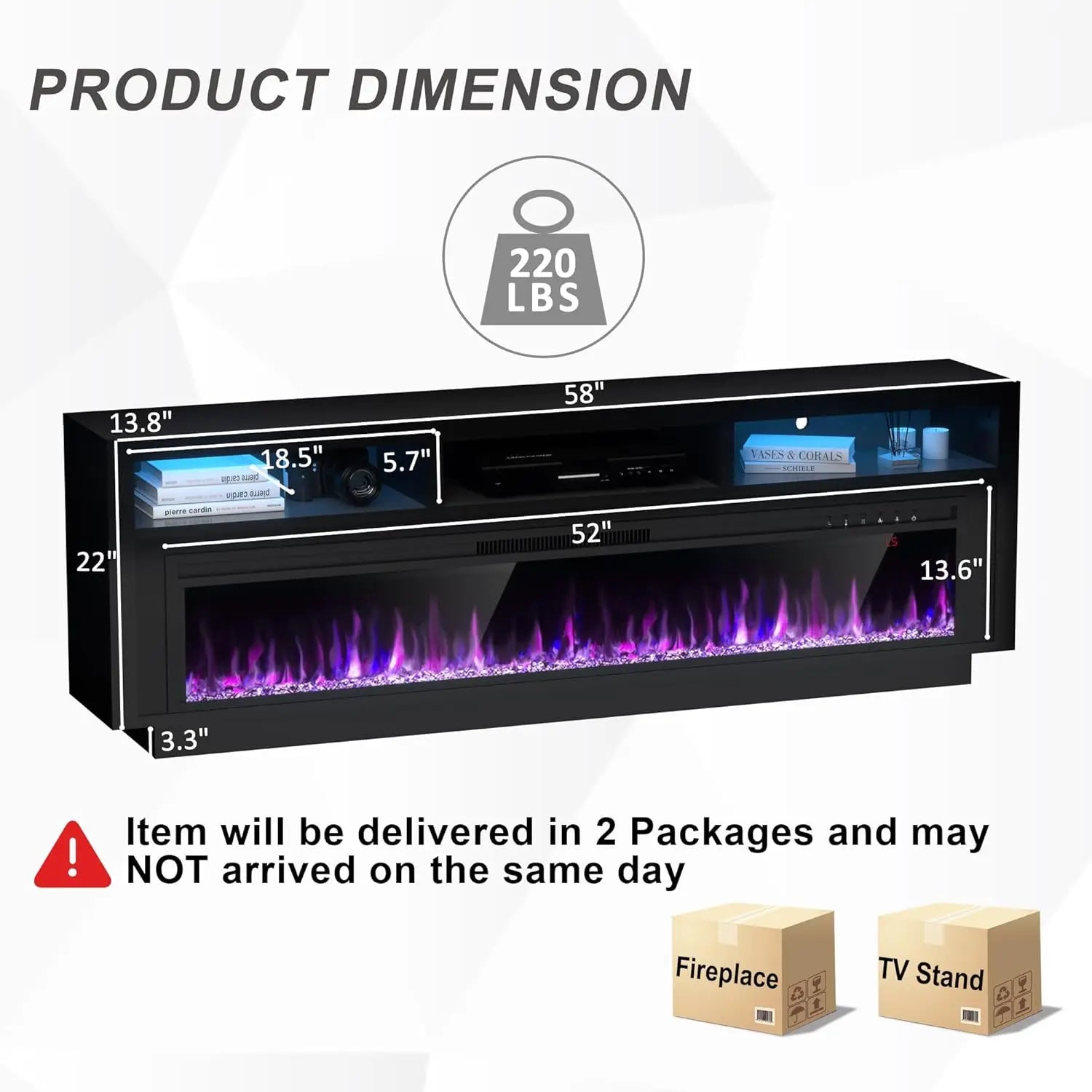 58" Fireplace TV Stand for TVs Up to 65" with 52" Electric Fireplace, TV Console for The Living Room, LED Light, Custom