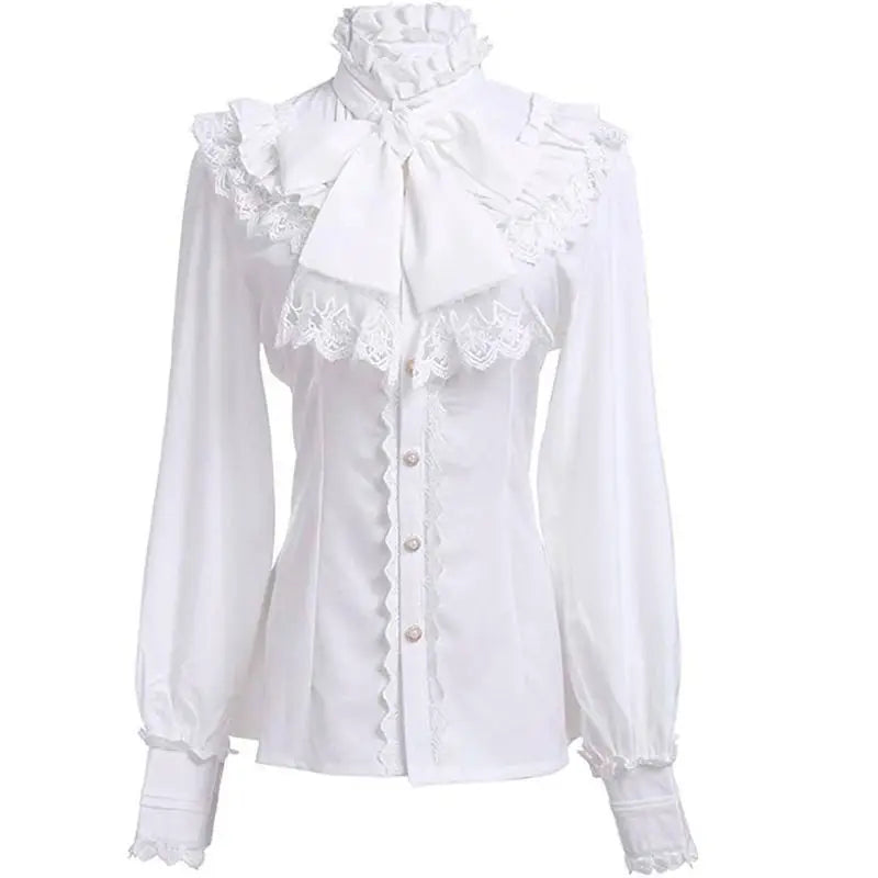 ouji Women's Victorian Gothic Blouse Ruffled High Collar Long Sleeve Renaissance Style Top Lolita Cosplay Costume Party Wear