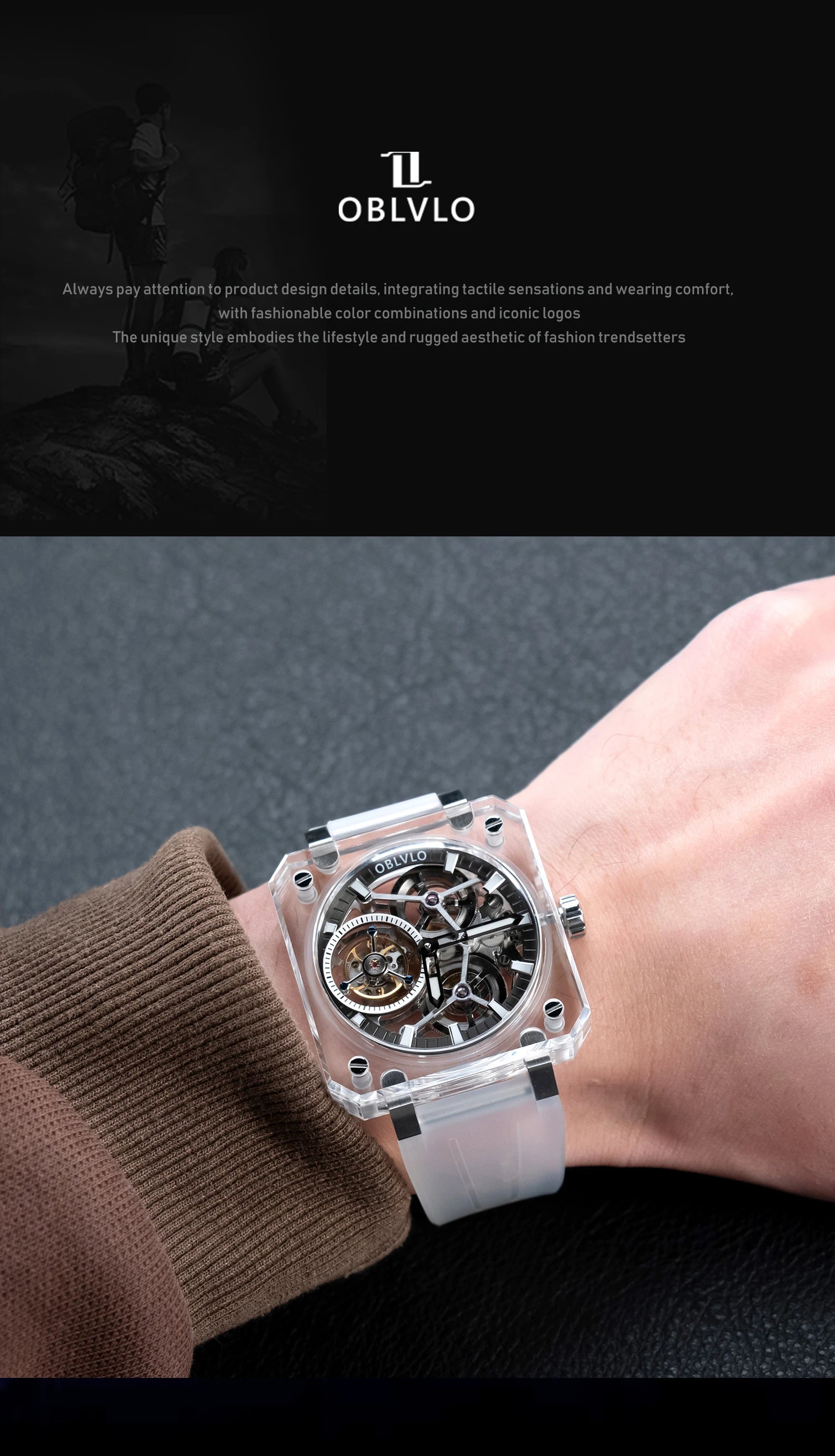 OBLVLO Men's Blue Skeleton Dial Tourbillon Automatic Watch Transparent Square Analog Display And Hollow-out Design BR-TB