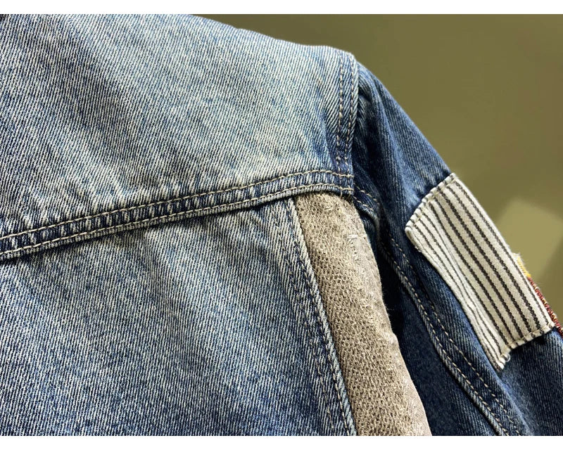 Streetwear Fashion Men Jacket High Quality Retro Blue Patched Designer Ripped Denim Jacket Men Coats Hip Hop Chaquetas Hombre