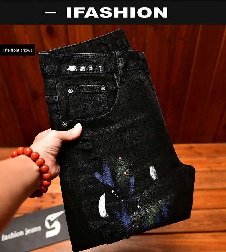 2025 Autumn American Fashion Black Jeans Men's Slim Fit Version with Piercing Patch Paint Printed Street Trendy Pants