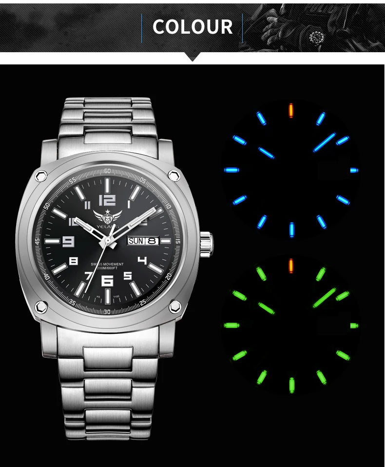 YELANG Men Automatic Watches Titanium Alloy Case H3 T100 Gas SelfLuminous 200M Waterproof Mechanical Wristwatch Sapphire V3.4