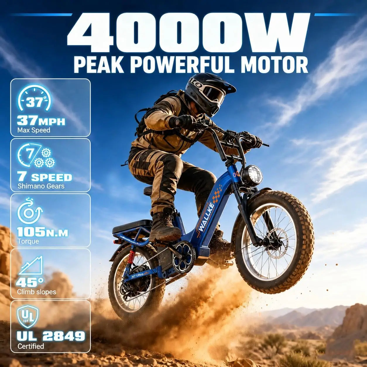 H7 Ultra 4000W Long Range Electric Bike for Adults, Solar Charge Supported Fat Tire E-Bike with Portable Power Output, Al