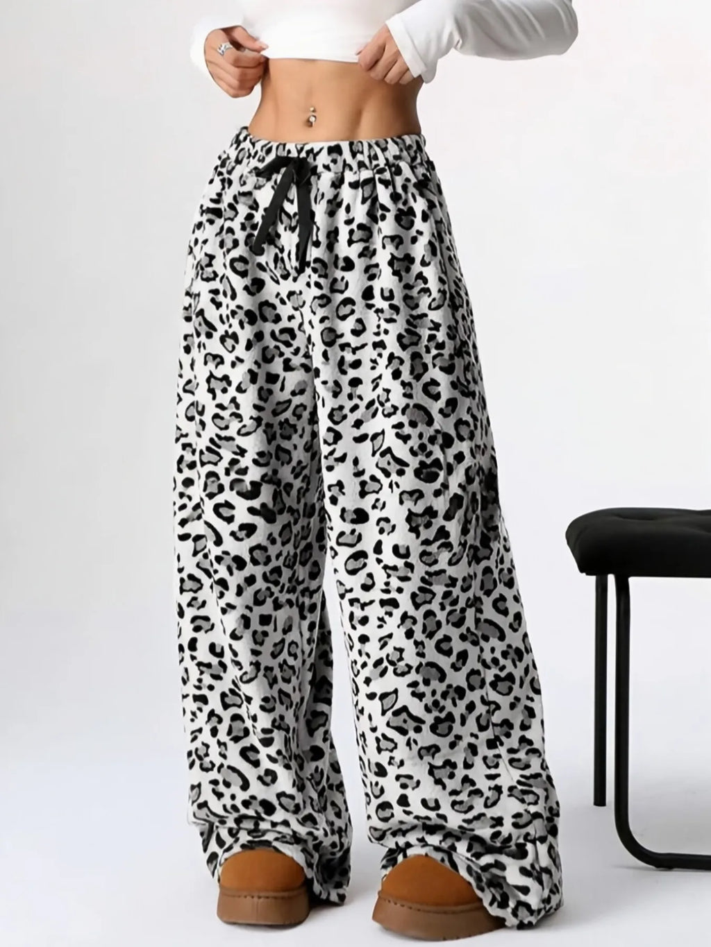 Women Casual Trousers Elastic Waistband Drawstring Tie Pajama Bottoms Leopard Print Wide Leg Lounge Pants