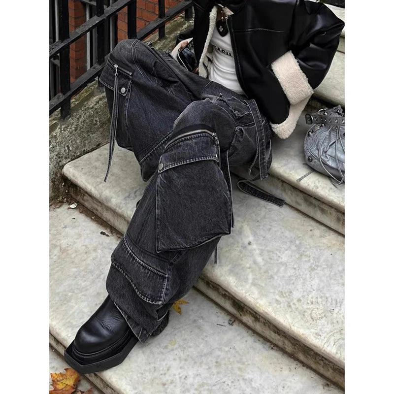 ZHIZOU Women Black Gothic Baggy Cargo Jeans Harajuku Oversize Denim Trousers Y2k 90s Vintage 2000s Emo Jean Pants Trashy Clothes