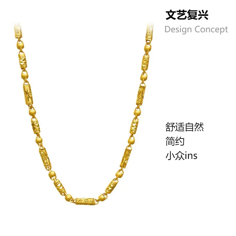 Gold store 9999 24K real gold Chinese style carving olive bamboo necklace hexagonal beads cylindrical chain men's jewelry