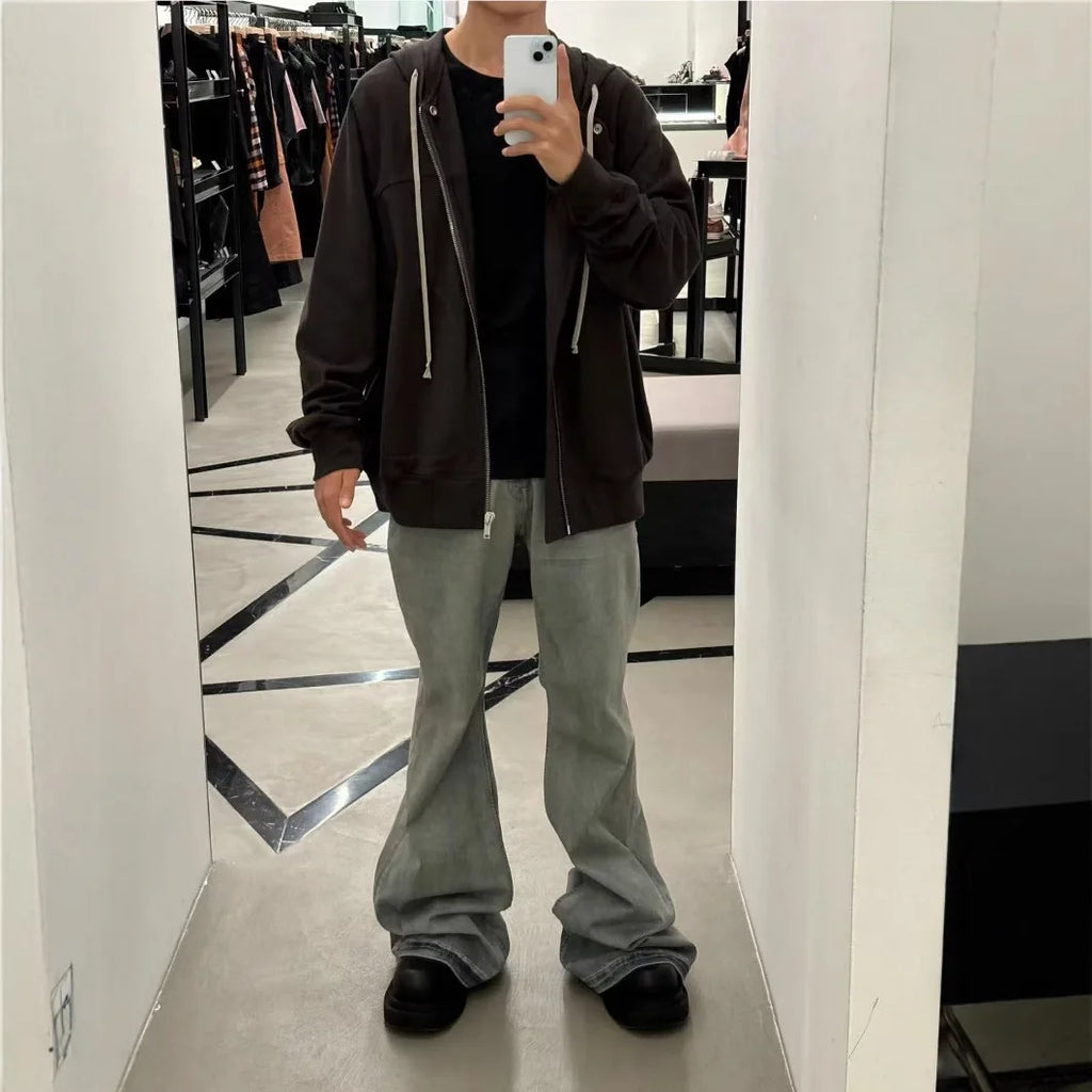 Rick RO Vintage Washed Wide Leg Skinny Jeans with Built-Up Floor-Length and Distressed Details and Cat-Fur Style Denim Pants