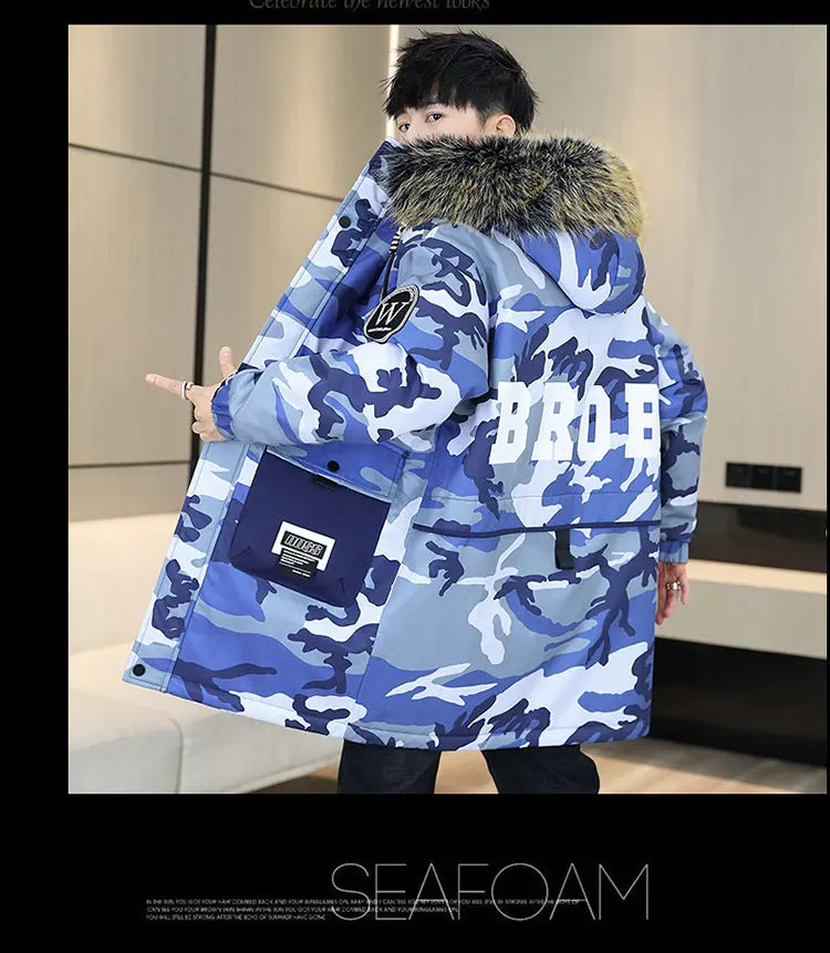 Fashion Mid-Length Camouflage Warm Parkas Winter Men's High Street Wear Windproof Hooded Plush Jackets Outdoor Thick Fleece Coat