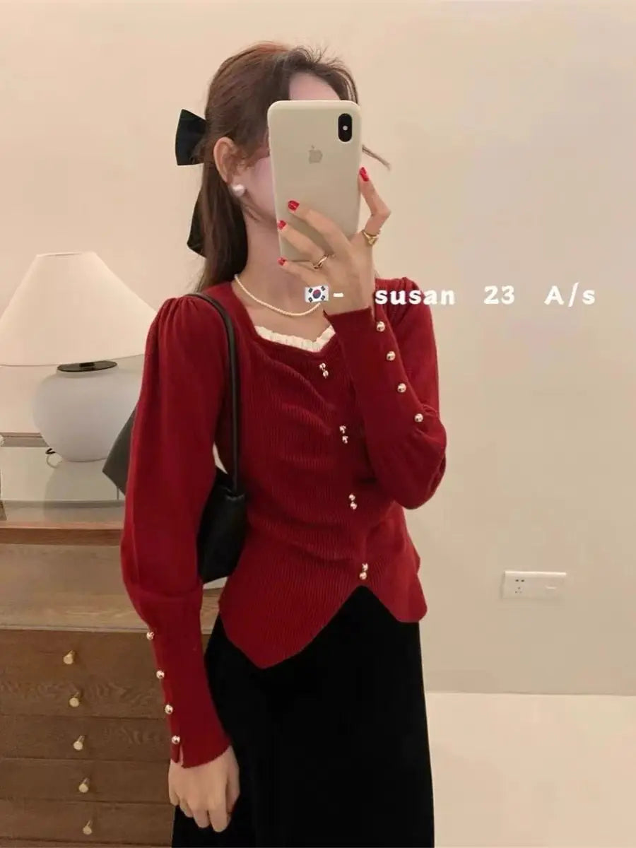 Pleated Slit Hem Contrast Patchwork Sweet Pullovers Women Clothing New Long Sleeve Fashion Sweaters Casual Korean Autumn Winter