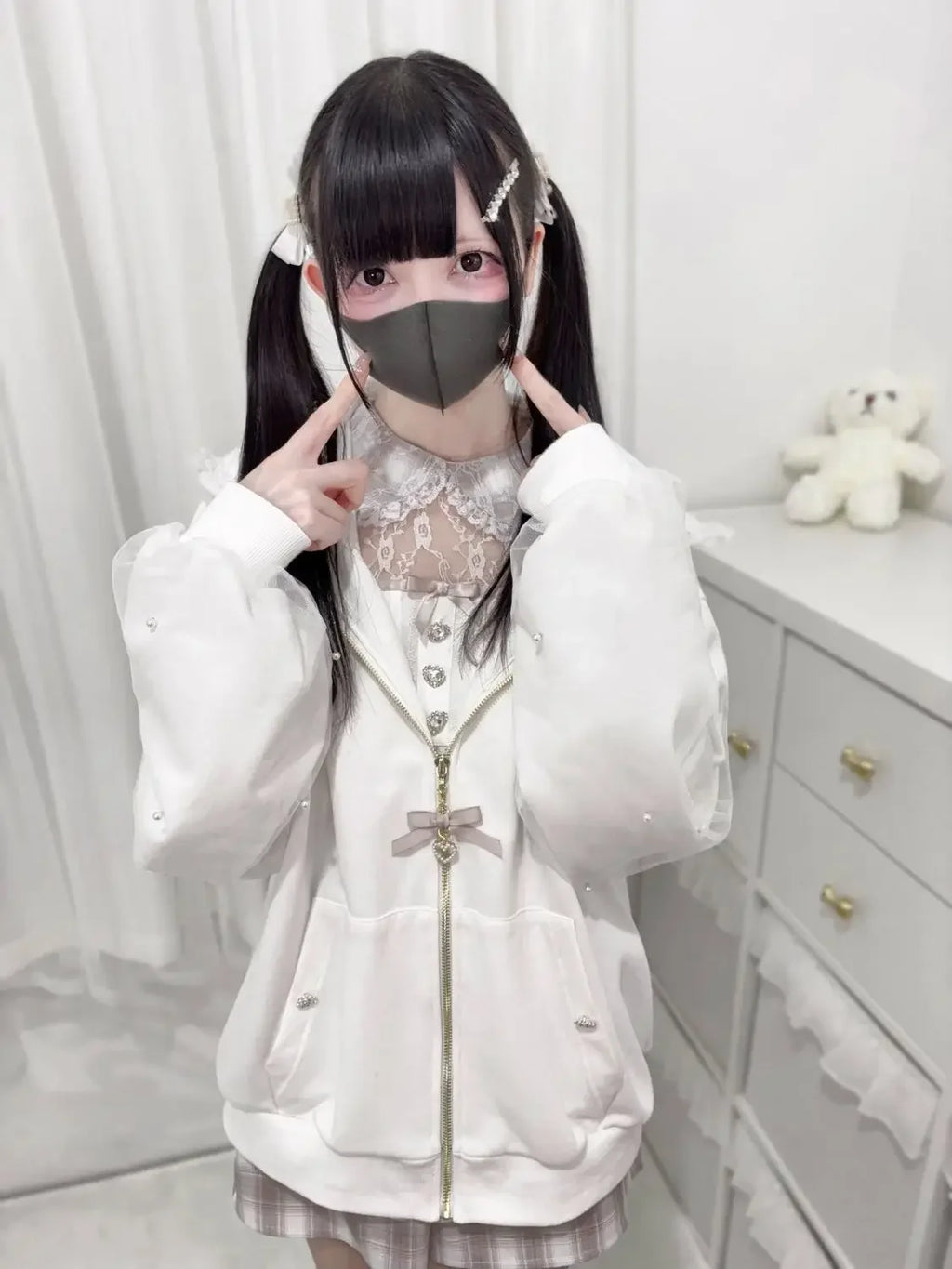 Japanese Pearl Gauze Patchwork Coats Women Y2k Aesthetic Lace Rabbit's Ears Jackets Casual Oversized Harajuku Kawaii Hoodies Top
