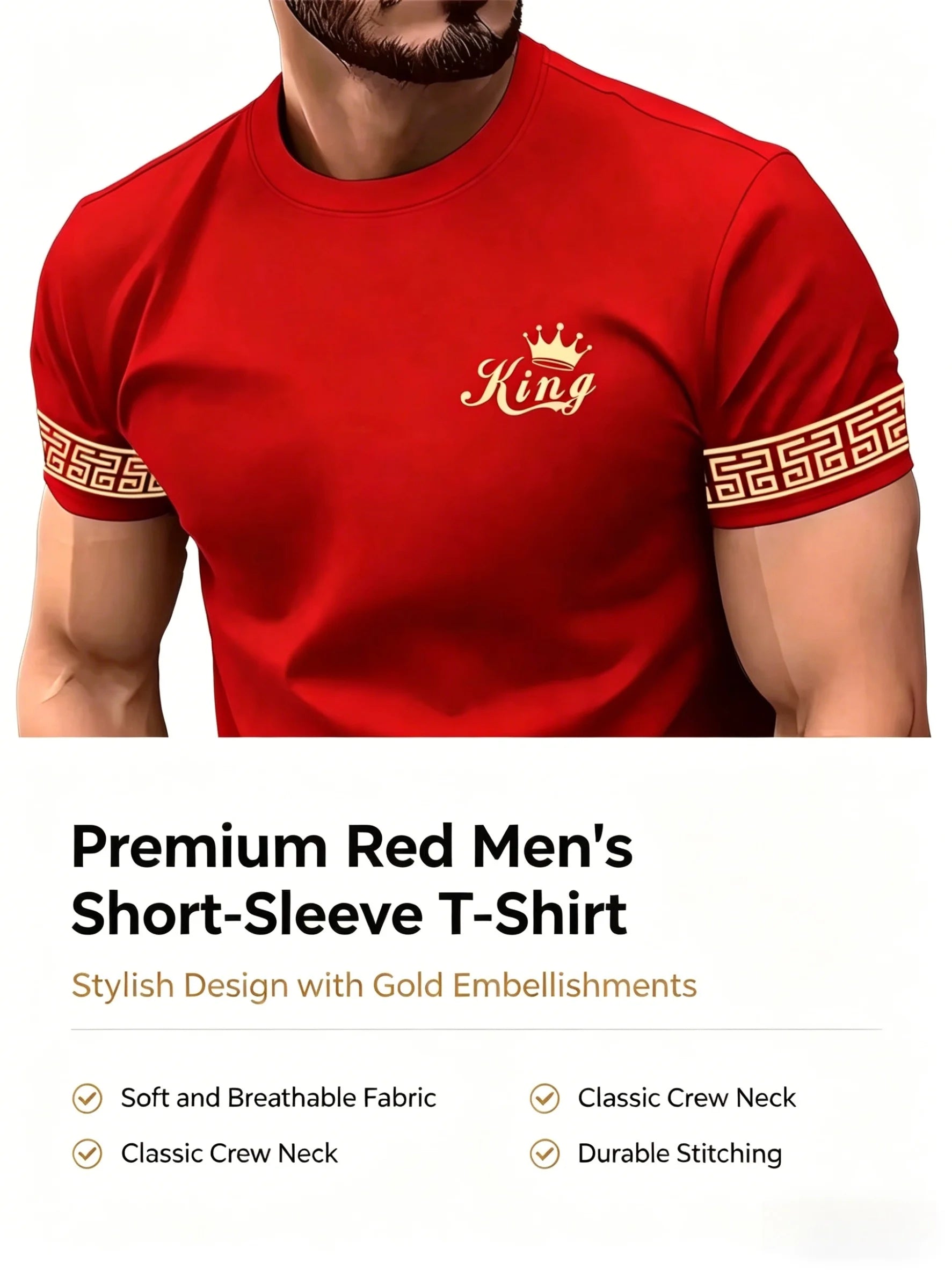 T Shirt for Man Men's Black and Golden Casual T-shirt Printed with "King" Crown + Arm Pattern Clothing Light Luxury Personality