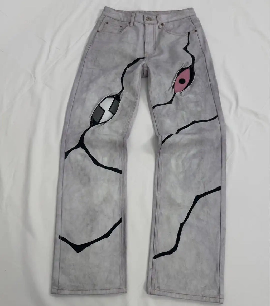 Hip Hop Street Denim Pants, Retro Anime Patterns, Patchwork Embroidery, Men's and Women's Straight Leg Jeans