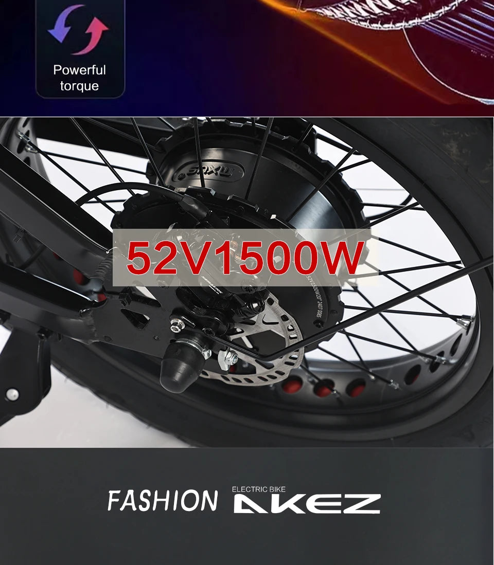 US Stock | AKEZ 52V 1500W E-Bike for Adults, 55Ah Battery, Long Range Powerful Electric Bicycle Aluminum Alloy Frame