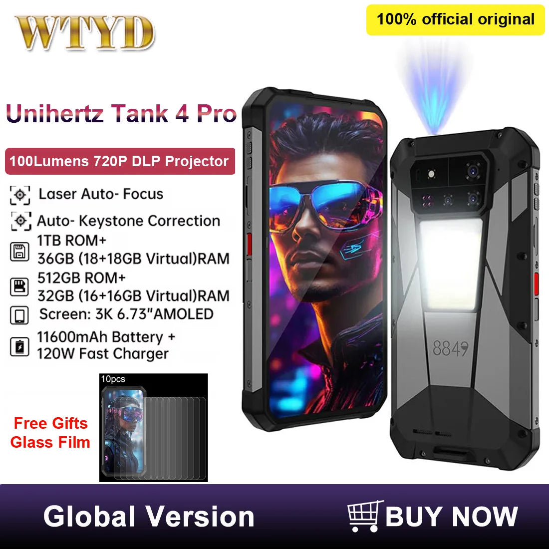Unihertz Tank 4 pro Projector Rugged Phone 18GB+1TB/16GB+512GB Night Vision 6.73'' Dimensity 8300 11600mAh NFC 5G Snartphone