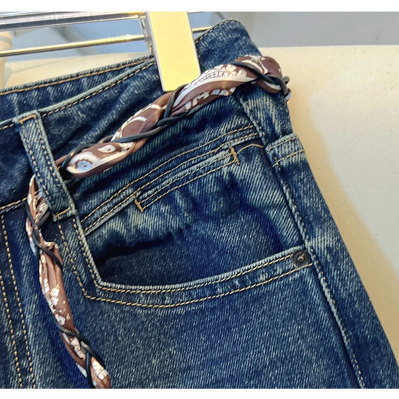 2025 Autumn New Denim Blue Wide Leg Women's Jeans Super Popular Pants with Silk Scarf Belt Fashion Straight Trousers