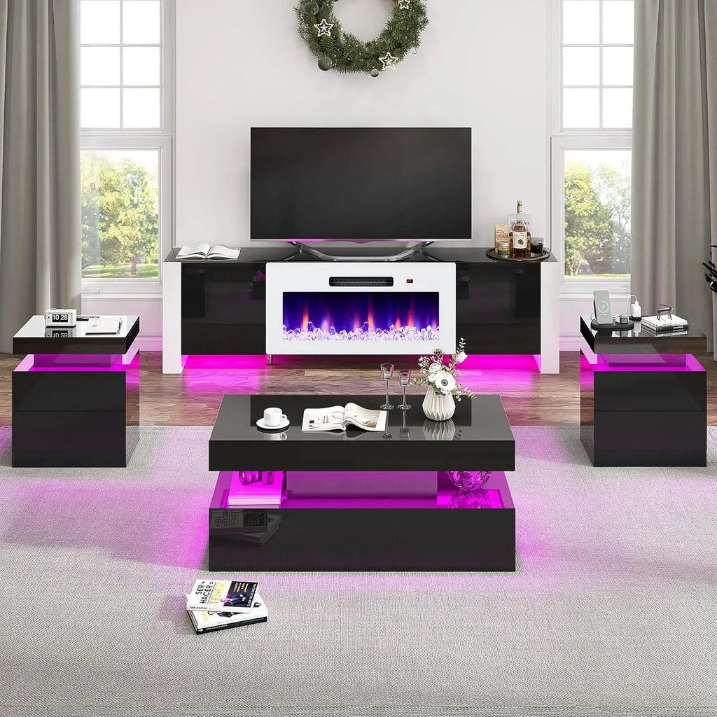 80" Fireplace TV Stand High Gloss 4-Piece Living Room Table Set LED Coffee End Table White Customized