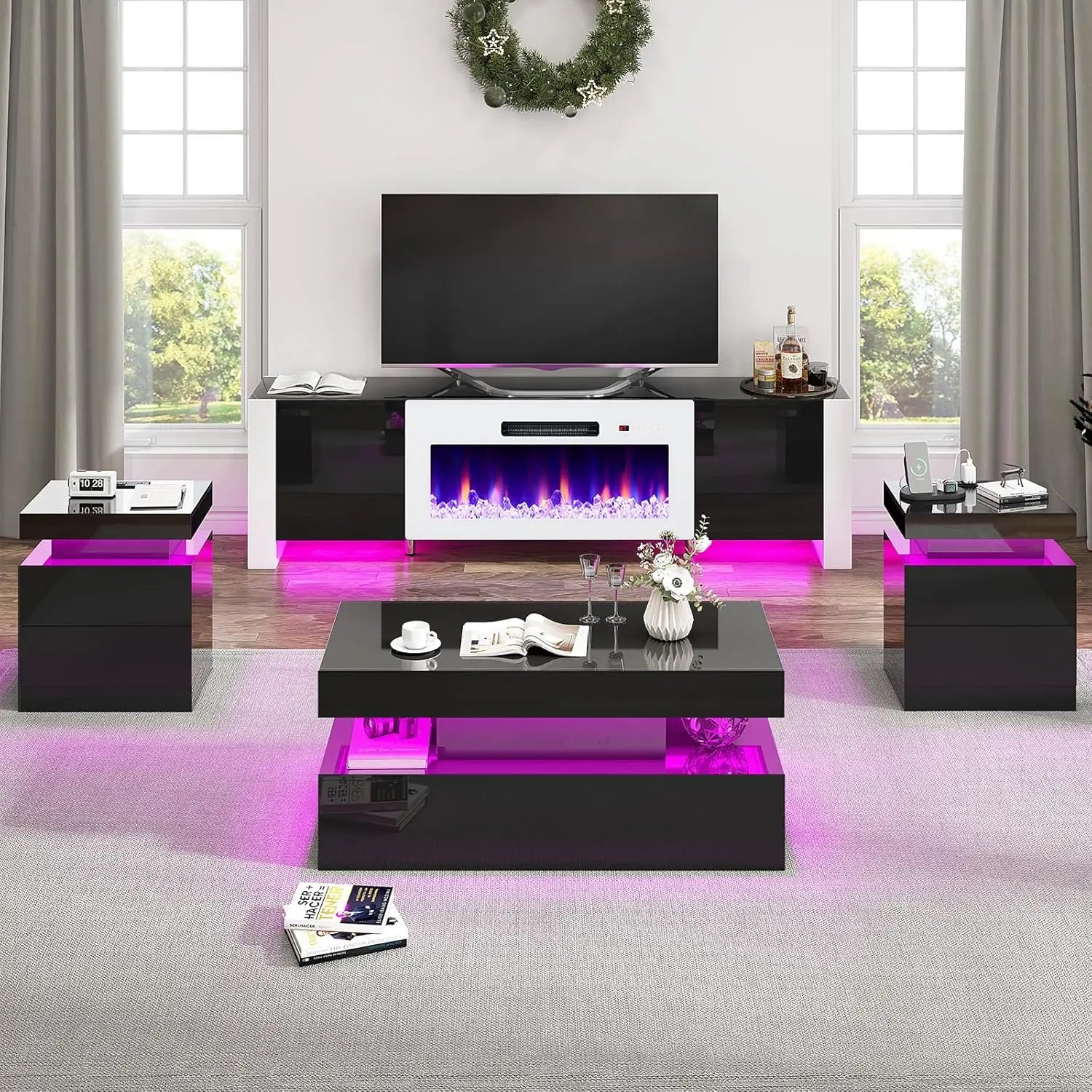 80" Fireplace TV Stand High Gloss 4-Piece Living Room Table Set LED Coffee End Table White Customized