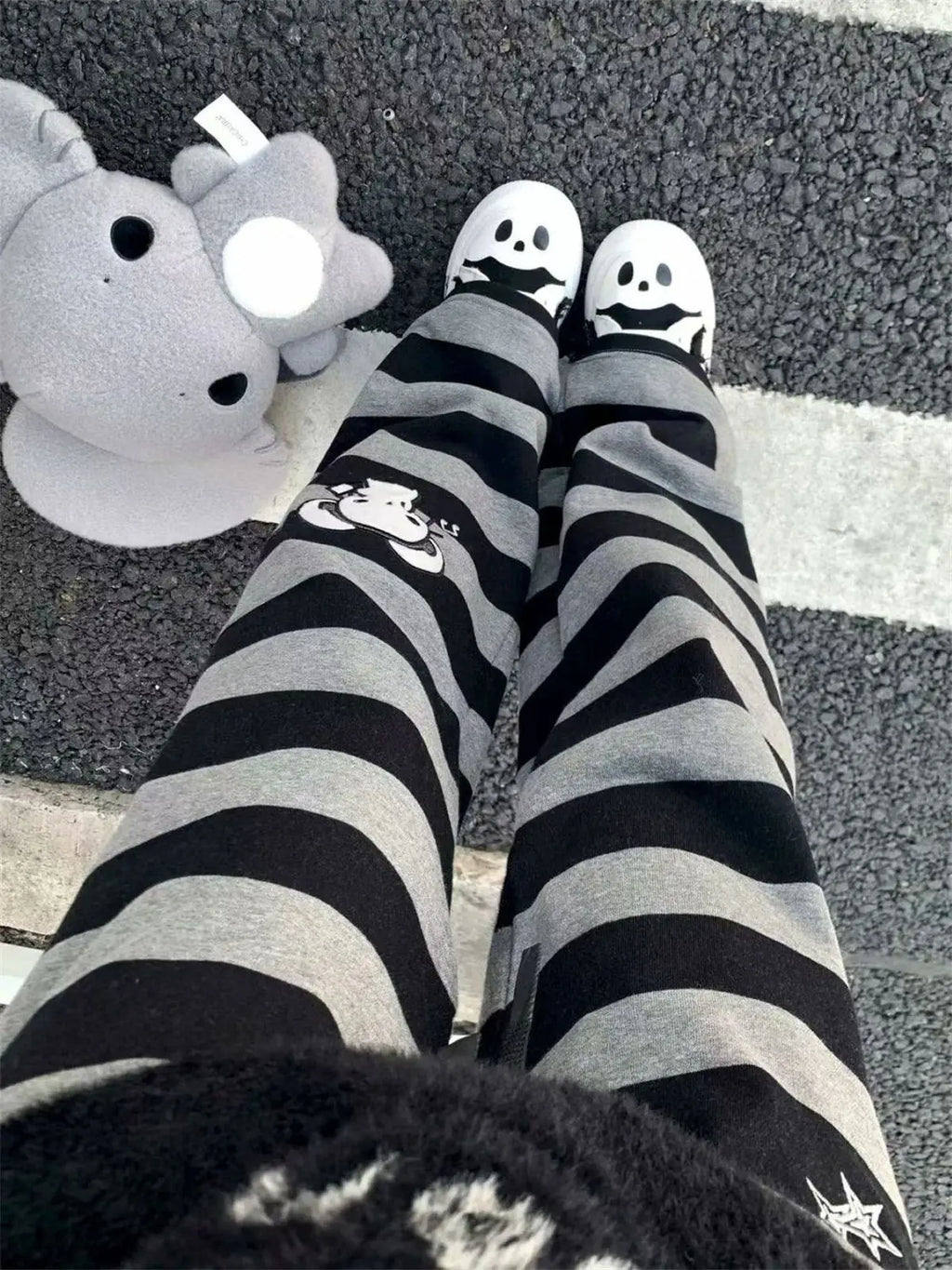 Harajuku Y2K Punk Anime Printed Striped Pants Straight Leg CleanFit PVC Material ex Neutral Sle Casual Trousers