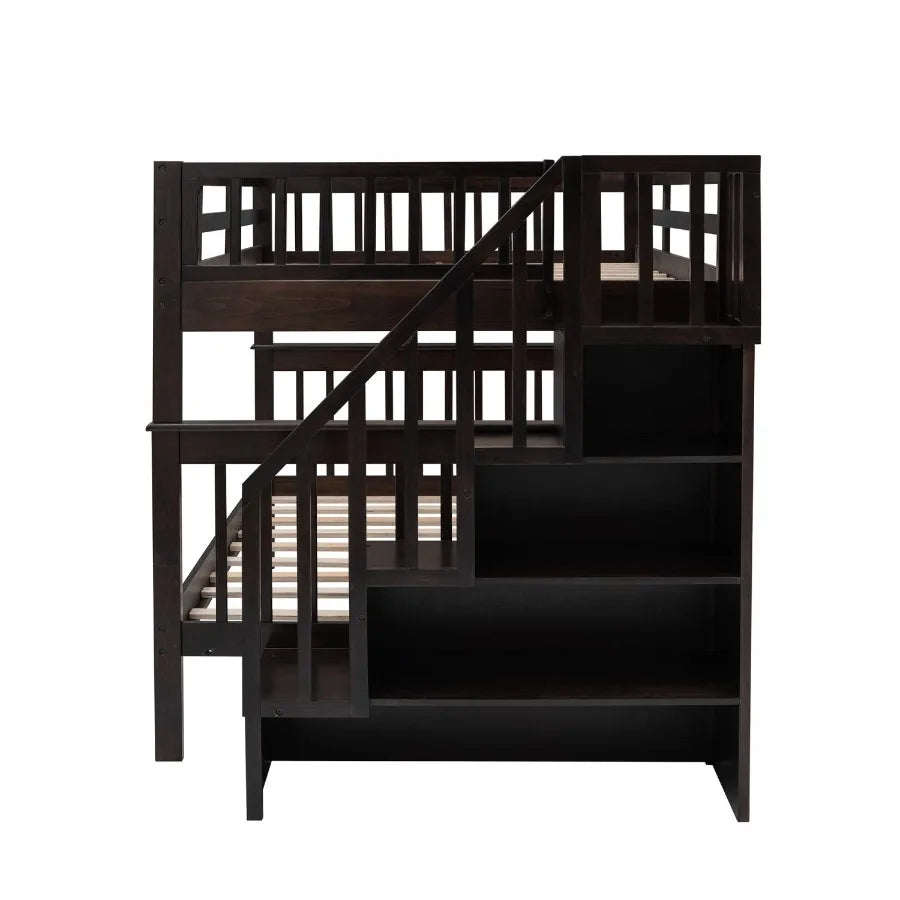 Stairway Full-Over-Full Bunk Bed with Storage and Guard Rail for Bedroom Dorm Espresso