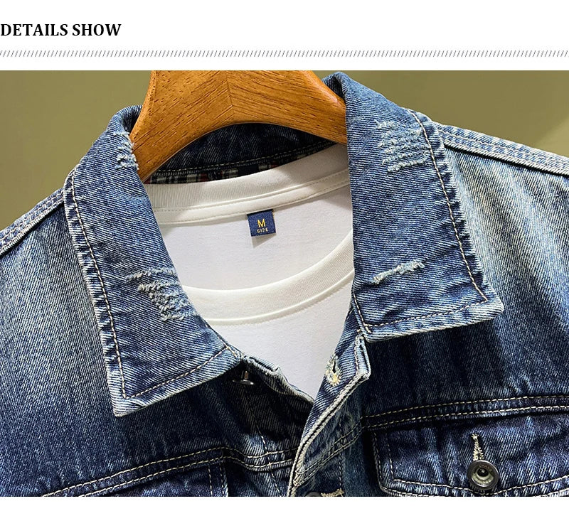 Streetwear Fashion Men Jacket High Quality Retro Blue Patched Designer Ripped Denim Jacket Men Coats Hip Hop Chaquetas Hombre