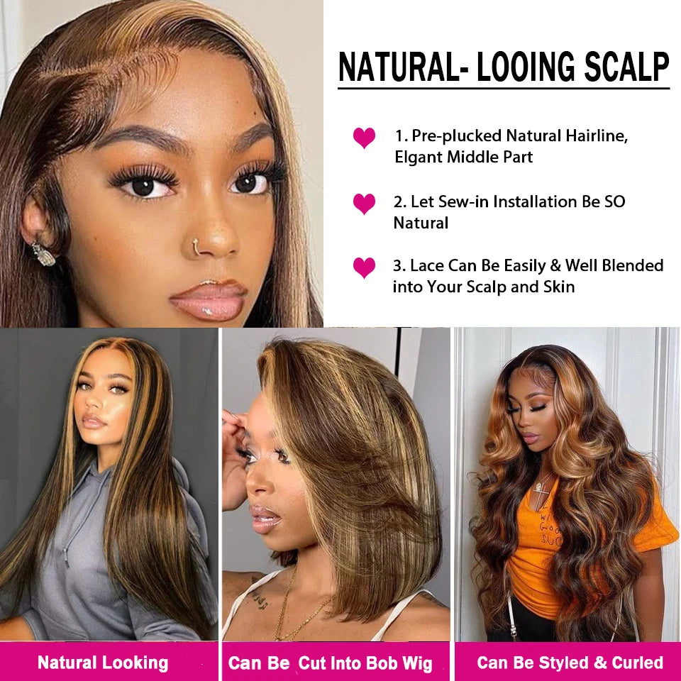 Megeen 13X4 Transparent Lace Frontal Wig Highlight P4/27 Human Hair Honey Blonde Straight Lace Front Wig Colored Ombre Wigs Remy