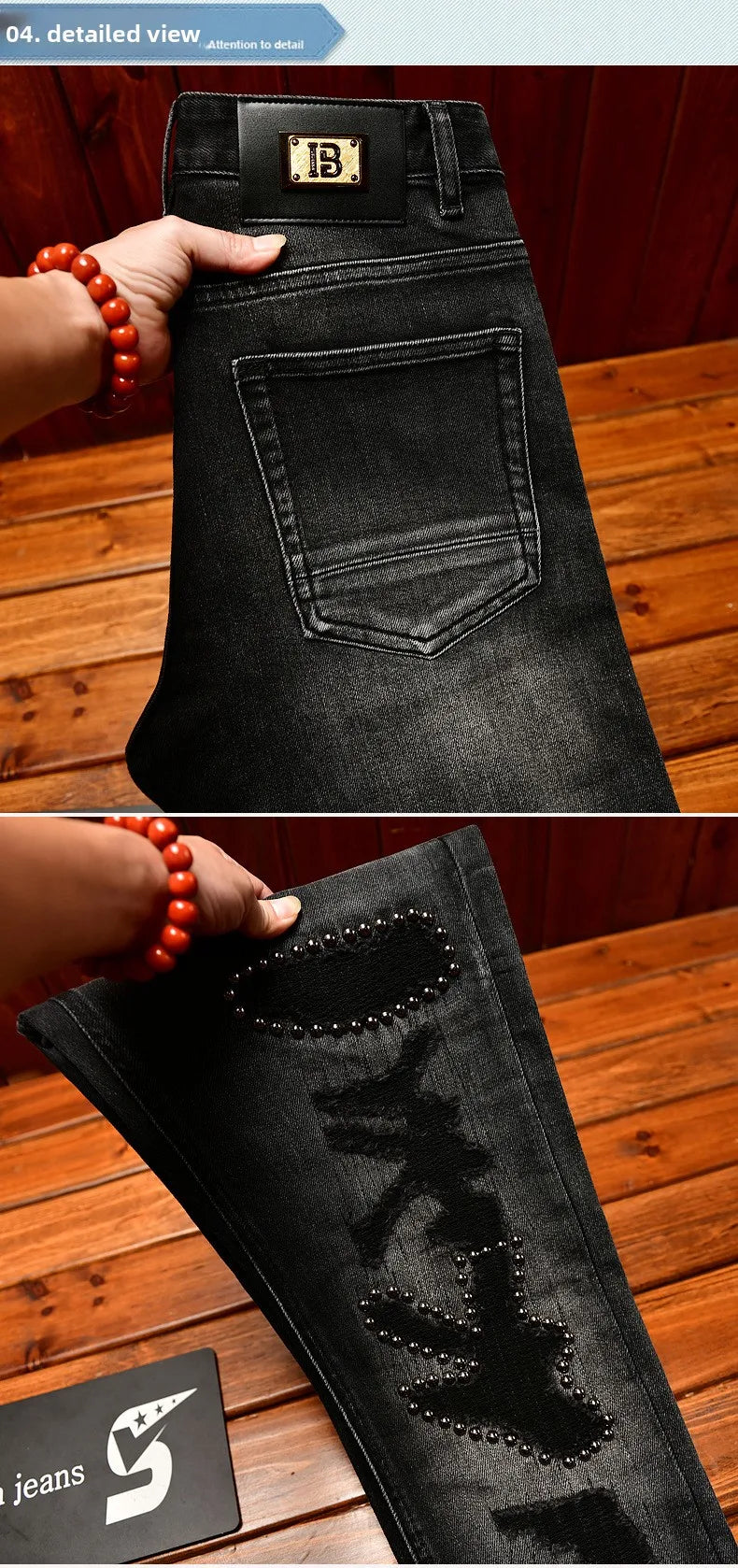 Metal Decor Design Black Jeans Men Trendy Ripped Fashion Retro Nostalgic Street Slim Fit Skinny Pants