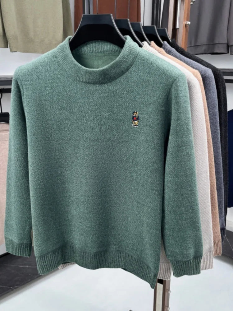 Fashion cartoon teddy bear embroidery knitted sweater high neck pullover luxury brand plush warm autumn winter casual men's wear