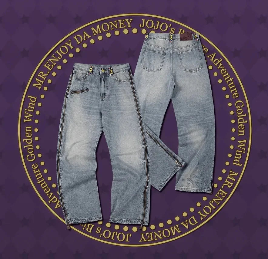 JoJo Anime Zip Off Panel Jeans Men Women High Waist Wide Leg Detachable Print Denim Pants Purple Gold Patchwork Straight Jeans