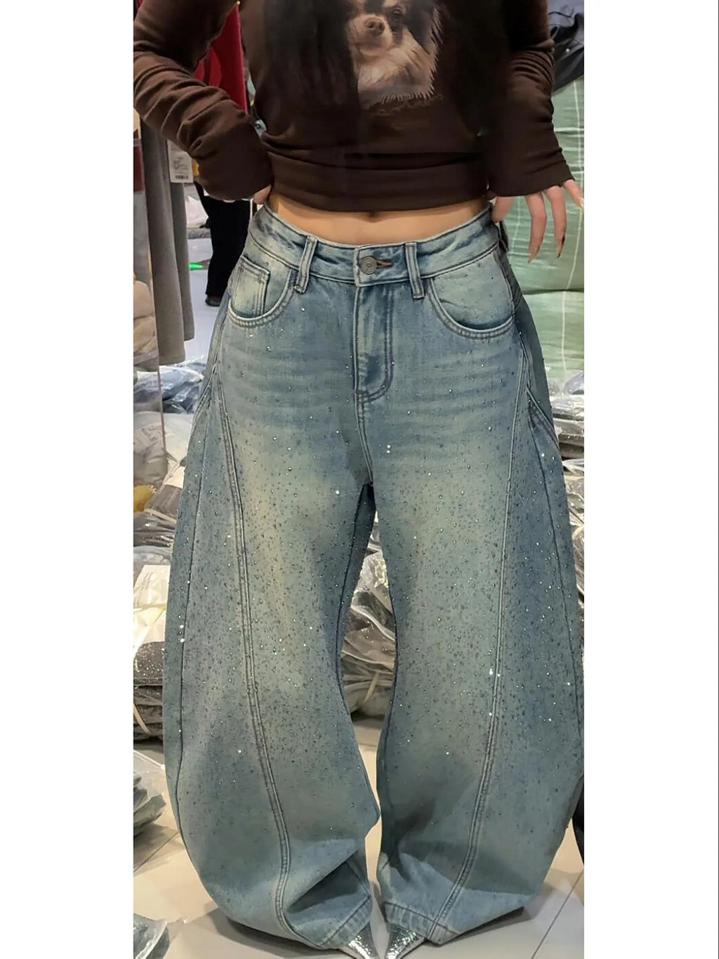 Glittering Rhinestone Denim Pants for Women's New Wide Leg Design Jeans Sensation Floor-Length Pants Loose Jeans