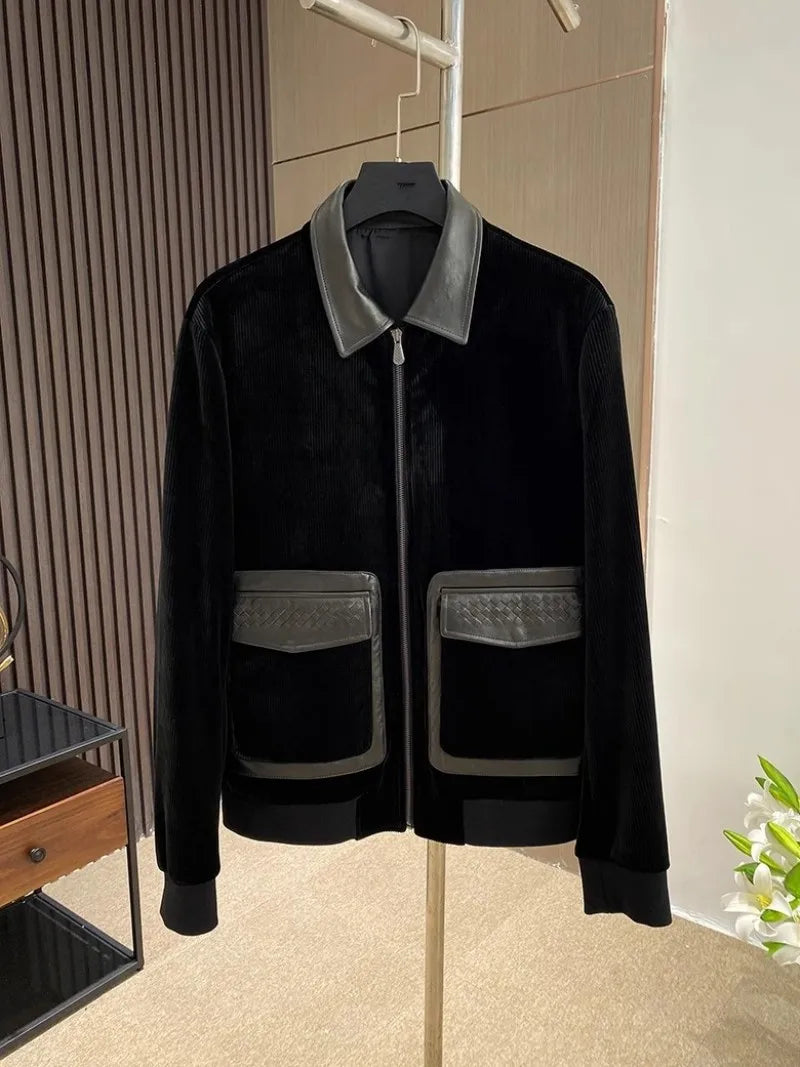 Design Business Mens Velvet Jacket Zipper Spliced Genuine Leather Casual Outerwear Loose Fit Long Sleeve Spring Autumn Men Coats