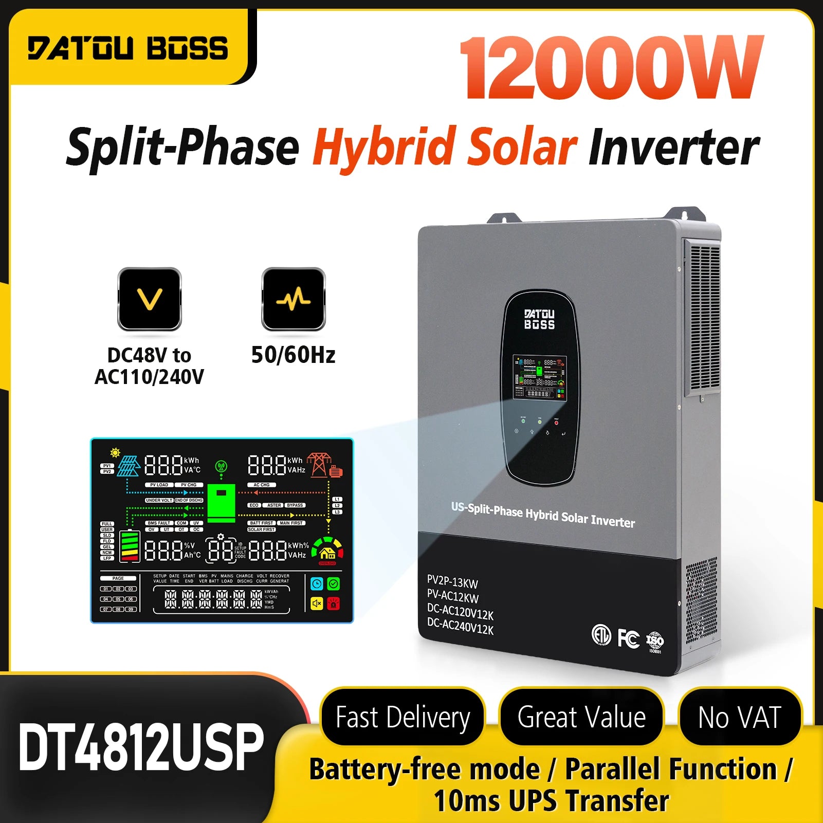 DATOUBOSS 12KW 240V Solar Hybrid Inverter Phase-Split UPS Uninterruptible Power Supply with Off-Grid Mode for U.S. Market