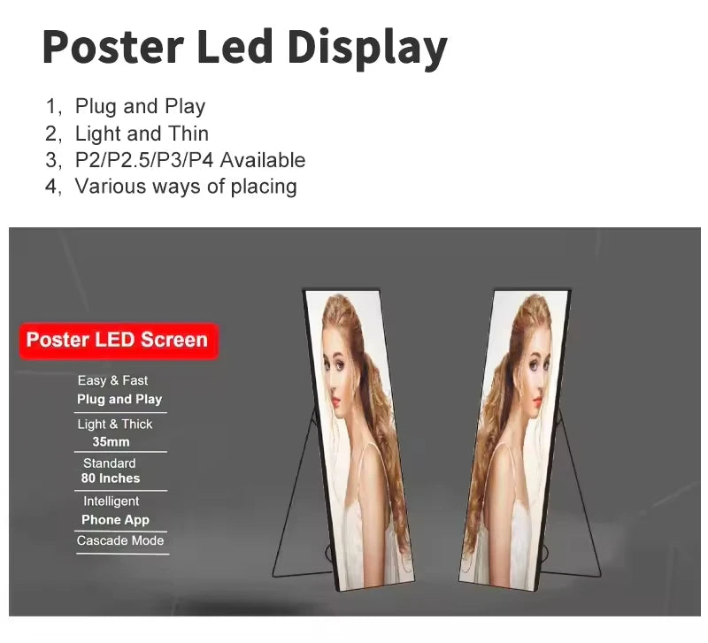 Moveable Indoor P2 P2.5 P3 P4 Led Poster Display Panel High Brightness LED Advertising LED Poster Display Screen