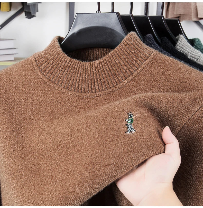 Luxury brand men's round neck knitted sweater fashion cartoon embroidery comfort warm plush autumn winter casual golf pullover