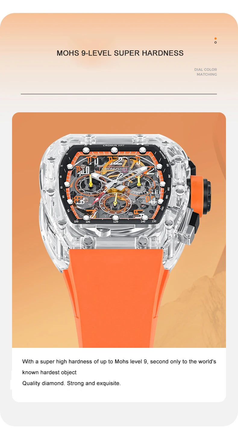 CRONUSART Men Chronograph Watch Tonneau Mechanical Wristwatch Sapphire Case & Mirror Luminous FKM Strap Skeleton Dial