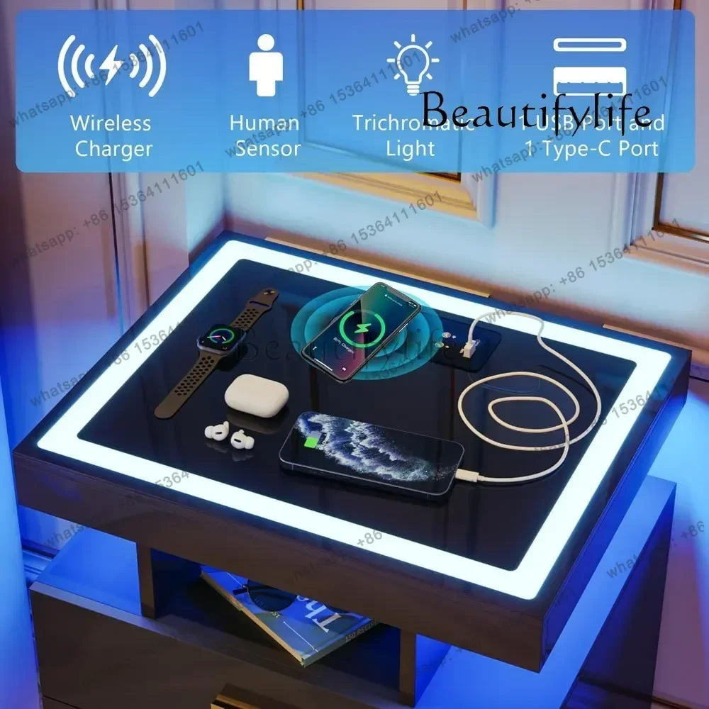 D06Modern Bedside Table 2 Set Nightstands with Wireless Charging Station, Auto Sensor 3 Color Dimmable LED Night Stand