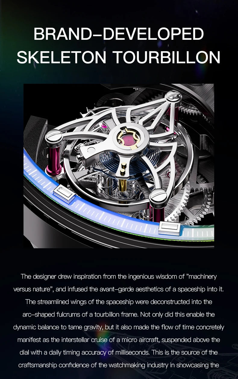 BONEST GATTI Luxury Skeleton Tourbillon Watch for Men K9 Crystal Case with Rainbow Bezel Automatic Mechanical Wristwatch