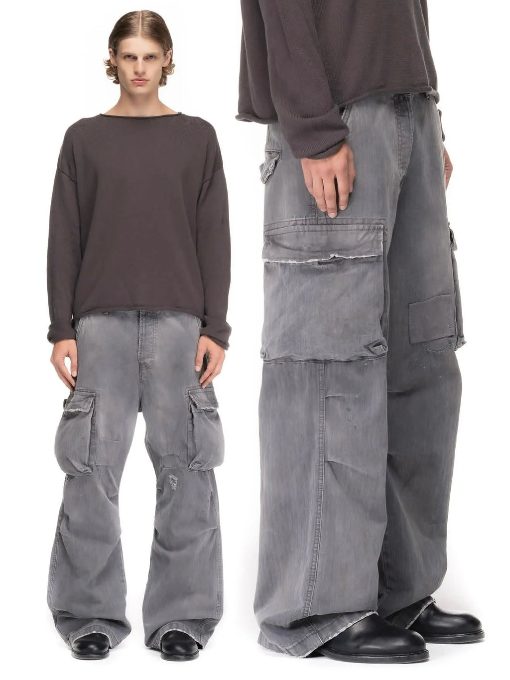 No faith studios herringbone twill grey ripped patch paint multi-pocket overalls