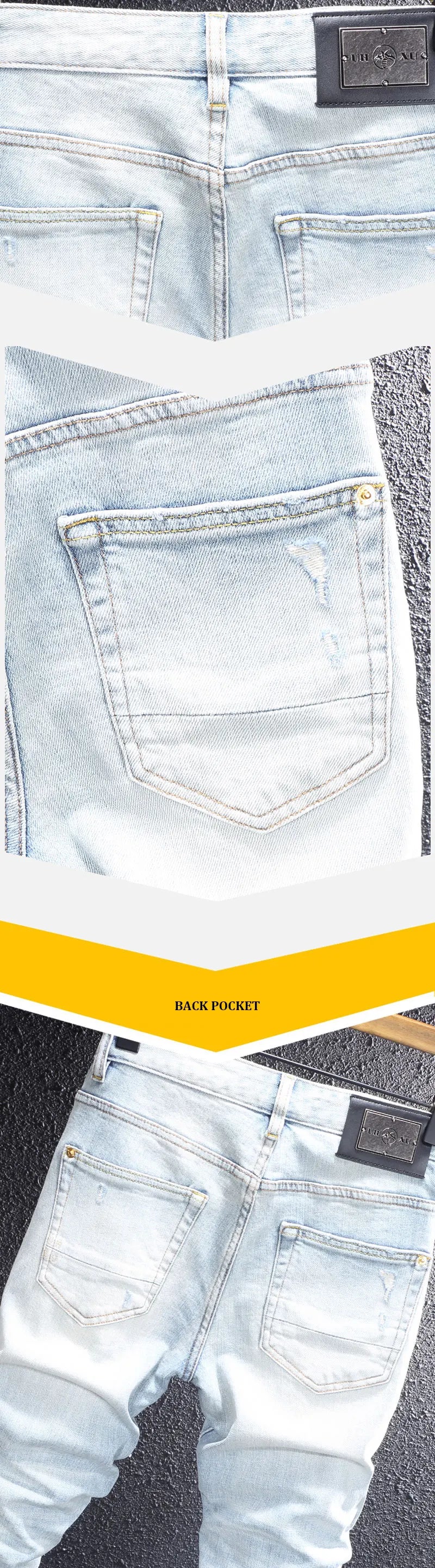 Fashion designer men's retro washed light blue elastic slim fit printed corrugated jeans men's Italian style retro denim pants h
