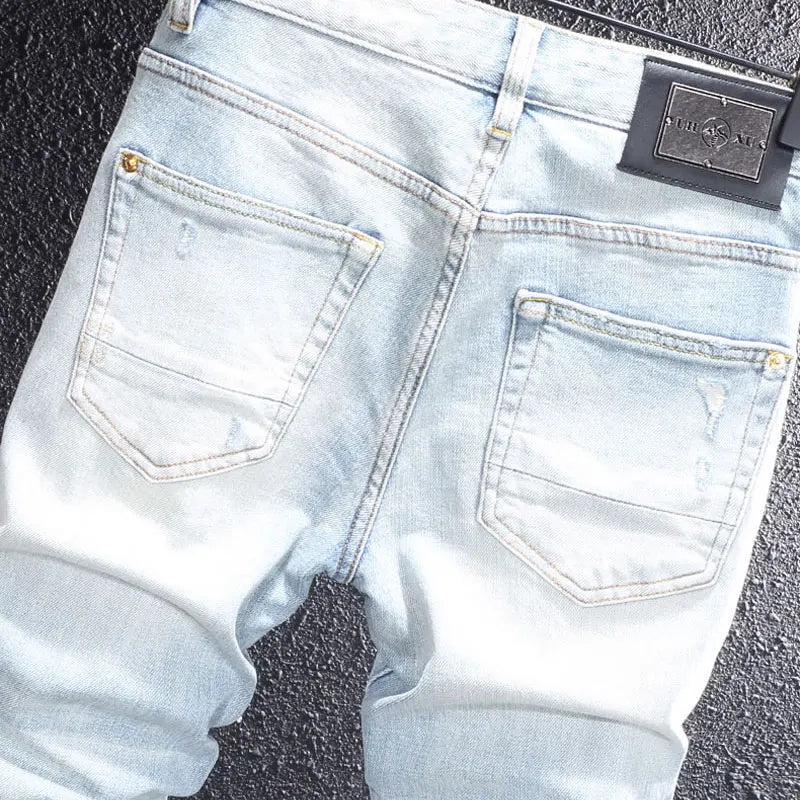 Fashion designer men's retro washed light blue elastic slim fit printed corrugated jeans men's Italian style retro denim pants h