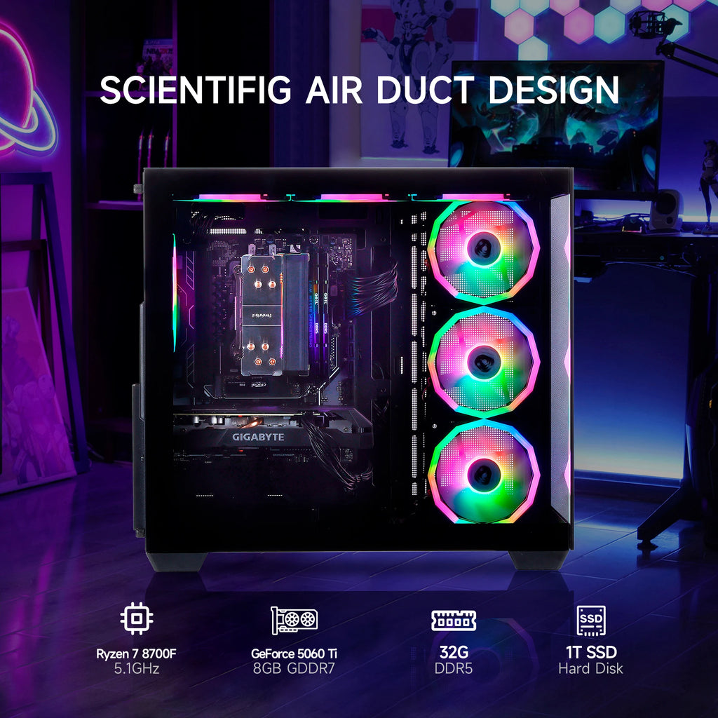 MLOONG Gaming PC Desktop, AMD Ryzen 7 8700F, GeForce RTX 5060Ti 8GB, 32GB DDR5 RAM, 1TB NVME SSD, 650W PSU, Windows 11 Home 64-b
