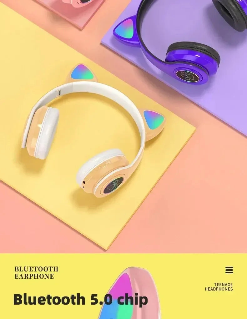 Cute Cat Wireless Headphones RGB Cute Cat Ears Headset With Microphone Noise Cancelling Kid Stereo Music Children's Gifts