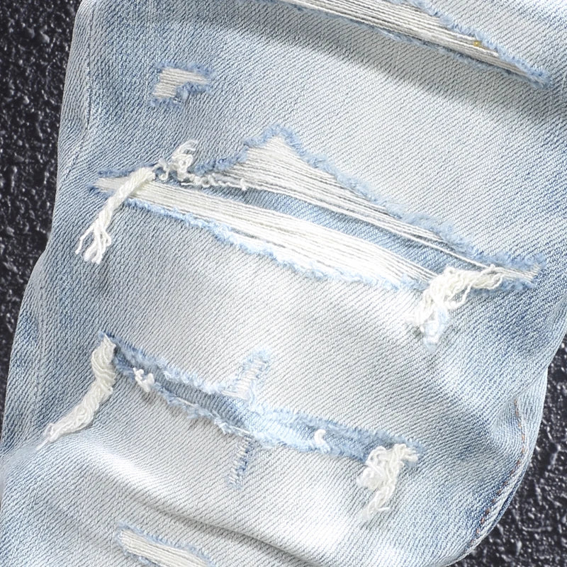 Fashion designer men's retro washed light blue elastic slim fit printed corrugated jeans men's Italian style retro denim pants h