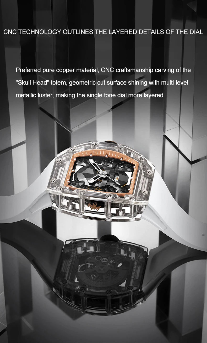 CRONUSART Men Automatic Watch 50mm Tonneau Mechanical Wristwatch Sapphire Case & Mirror Luminous Fluororubber Strap Skull Dial