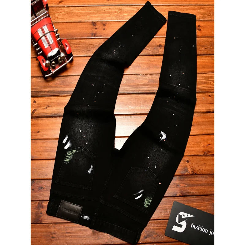 2025 Autumn American Fashion Black Jeans Men's Slim Fit Version with Piercing Patch Paint Printed Street Trendy Pants