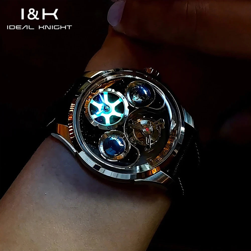 IDEAL KNIGHT Men's Watches Top Brand Luxury Manual Tourbillon Blue Earth Mechanical Wristwatch Waterproof Luminous Sapphire 6808