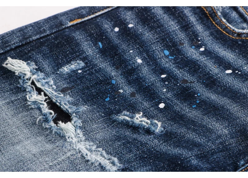 Latest designer fashion new men's jeans, washed, vintage painted embroidery, stretchy slim fit hombre