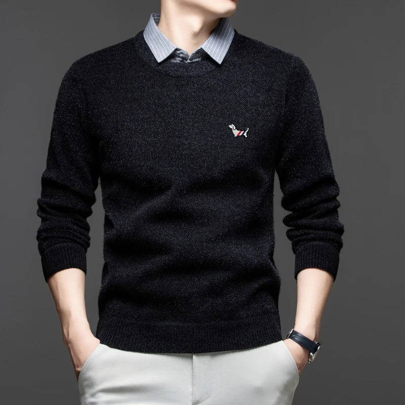 Luxury fake two piece men's knitted sweater fashion striped lapel pullover new thickened warm casual cartoon dog embroidered top