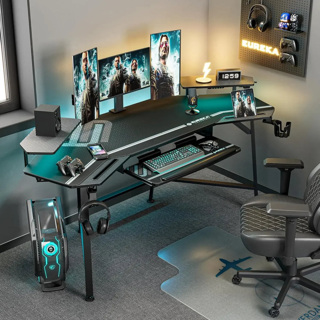 Aero 72 Inch Gaming Desk with Keyboard Tray, Large Computer Desk Led Lights, Wing-Shaped Monitor Stand Dual Headphone Hanger Cup