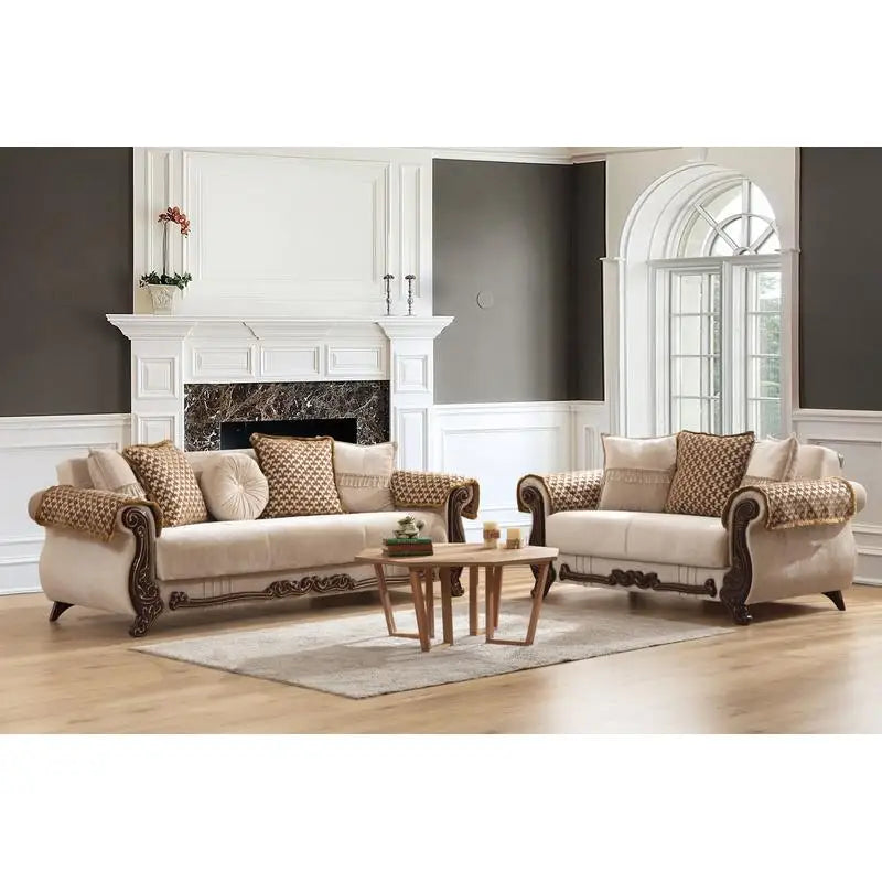 Beige Chenille Upholstered 2-Piece Living Room Set with Wood Frame