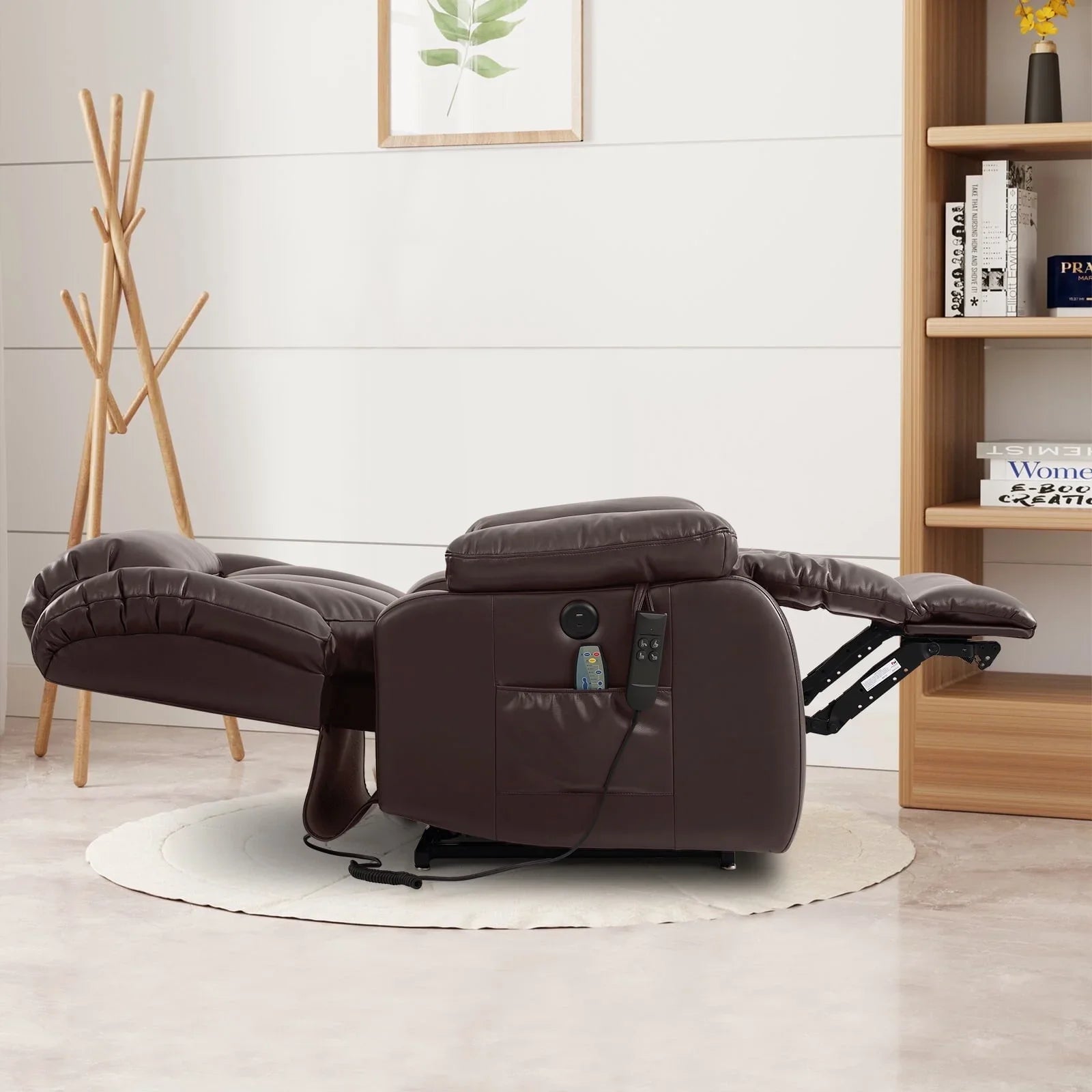 Power Lift Recliner Dual Motor, Electric Leather Chair for Elderly with Heat and Massage, Lay Flat Recliner with Storage
